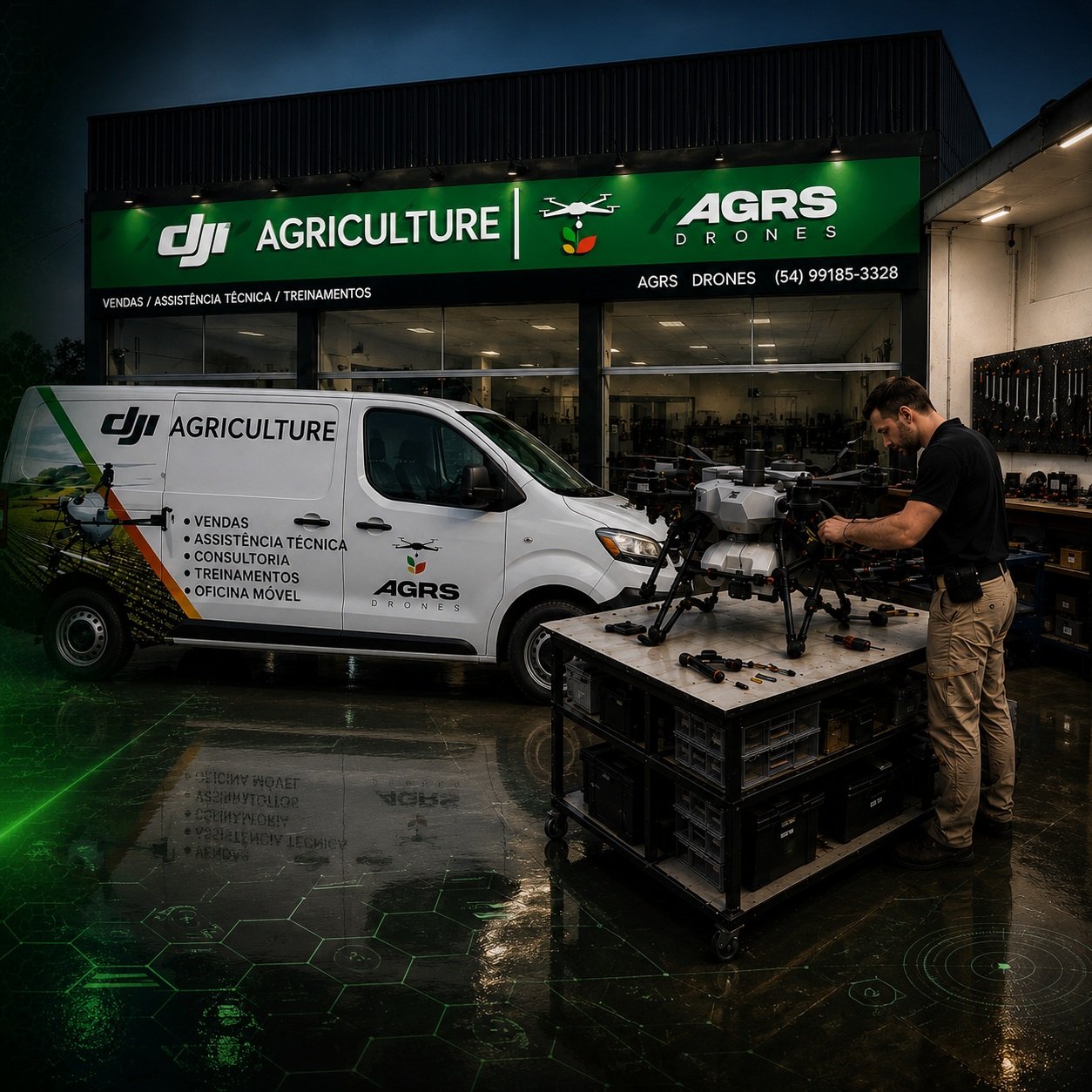 Técnico AGRS Drones realizando assistência em drone agrícola