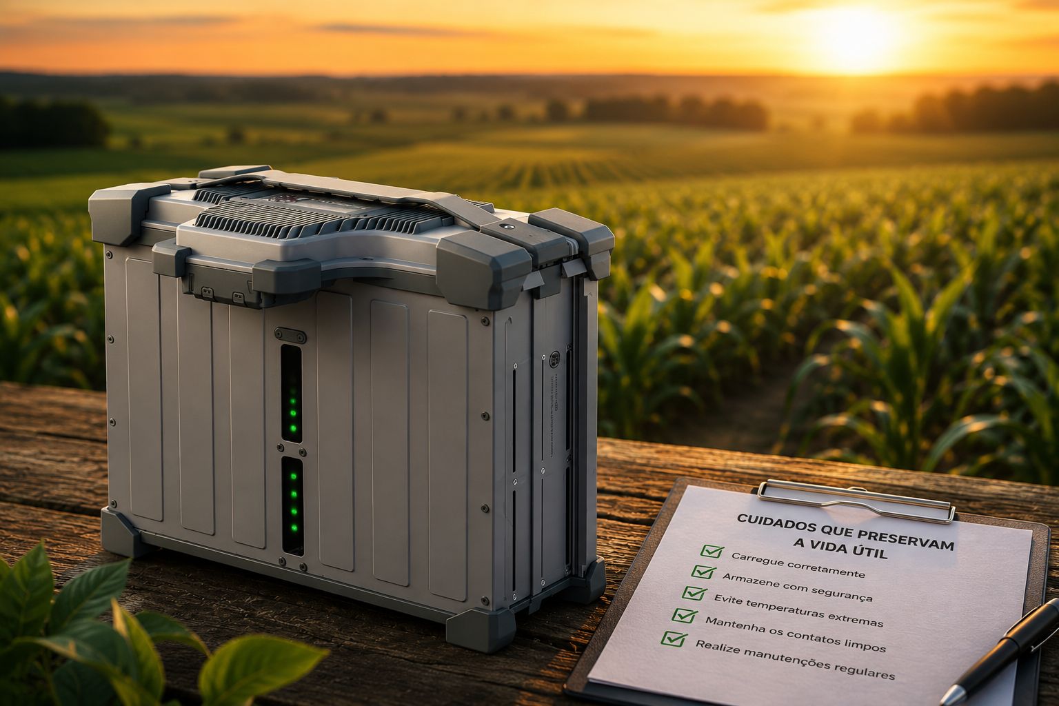Bateria de drone agrícola DJI Agras ao lado de checklist de cuidados, em lavoura ao pôr do sol
