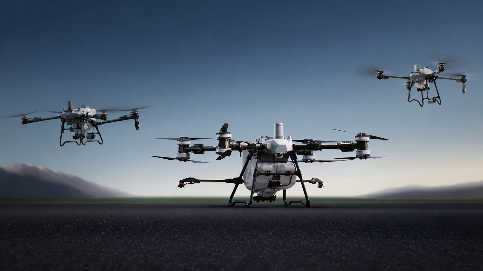 Três drones DJI Agras — T25P, T70P e T100 — lado a lado sobre pista ao entardecer