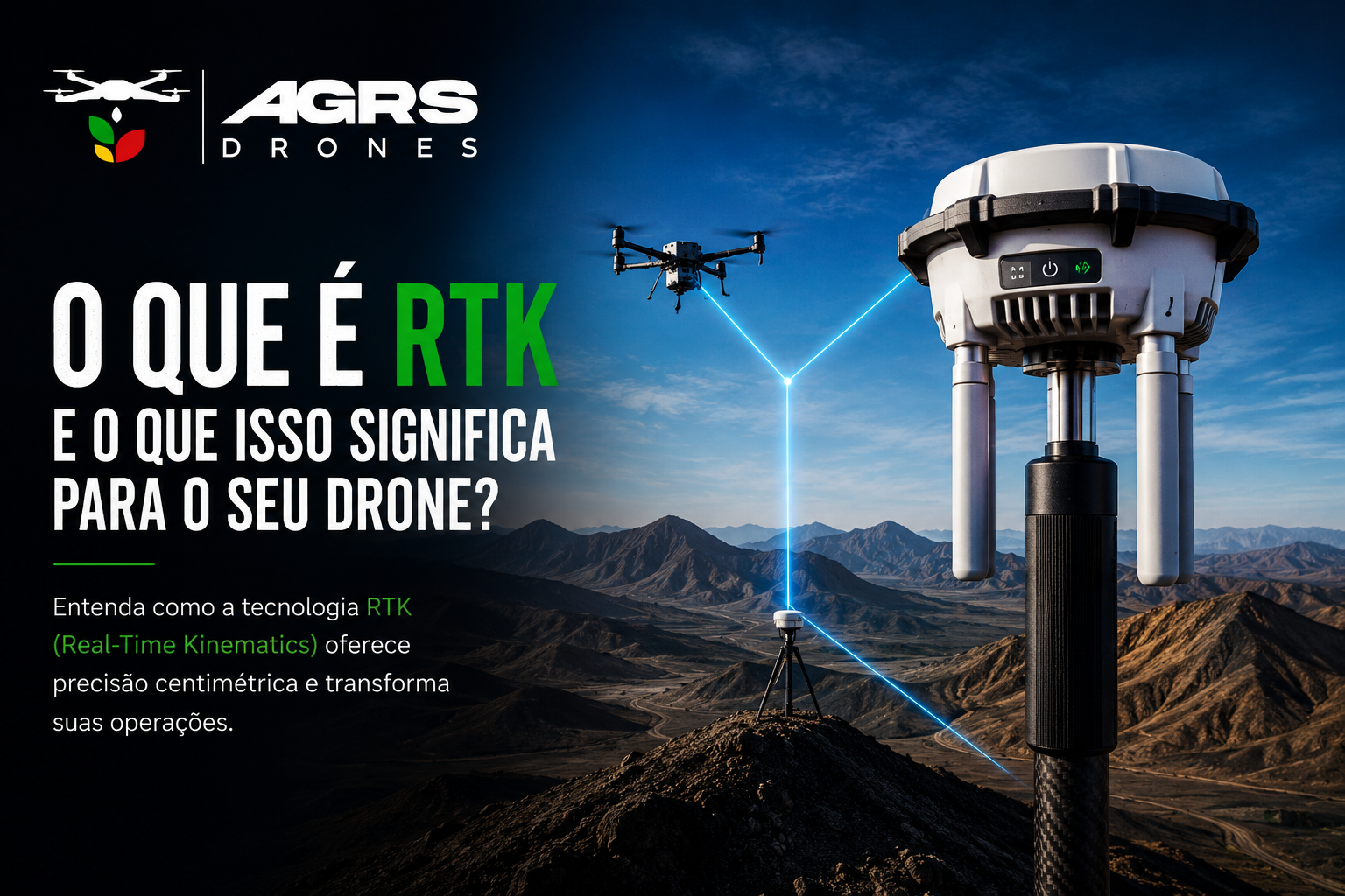 Estação RTK e drone agrícola em campo